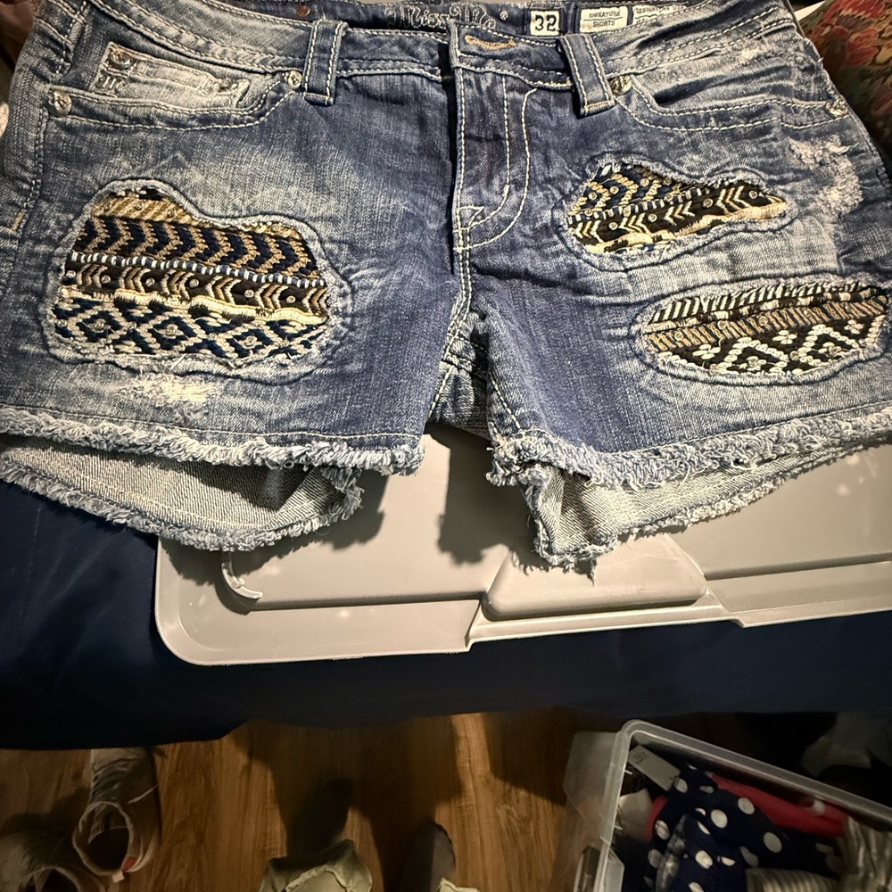 Miss Me Blue Jean Shorts with Tribal Patchwork